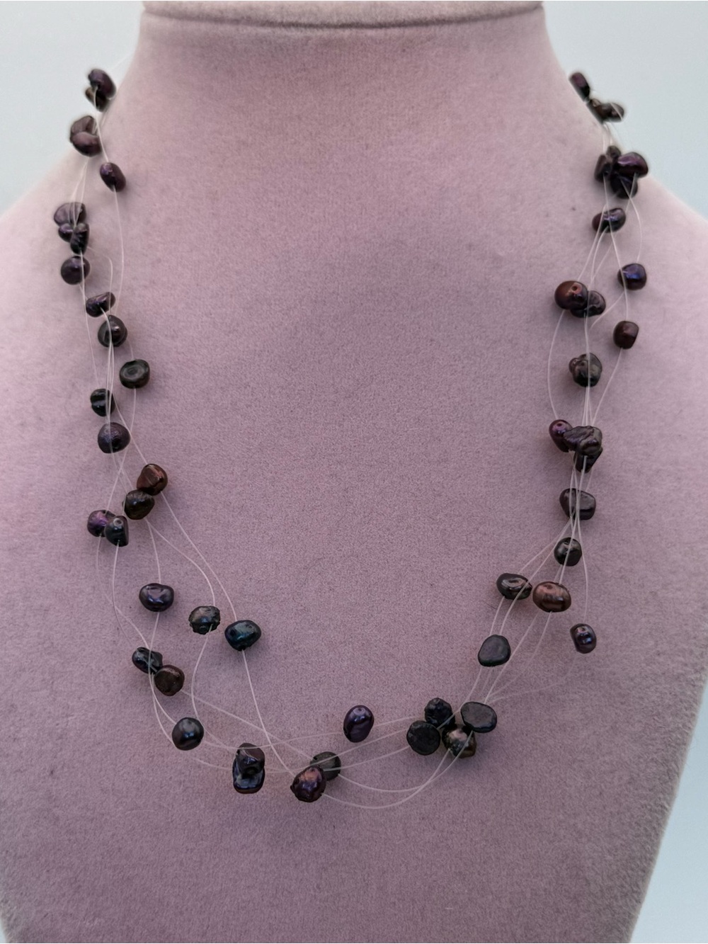 Multi-Strand Dark Purple Freshwater Pearl Necklace on Invisible Wire
